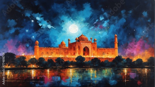 night sky in delhi india theme oil pallet knife paint painting on canvas with large brush strokes modern art illustration abstract from Generative AI photo