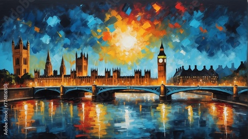 night sky in london united kingdom theme oil pallet knife paint painting on canvas with large brush strokes modern art illustration abstract from Generative AI