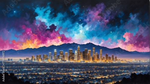 night sky in los angeles united states theme oil pallet knife paint painting on canvas with large brush strokes modern art illustration abstract from Generative AI