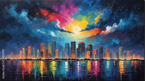 night sky in manila philippines theme oil pallet knife paint painting on canvas with large brush strokes modern art illustration abstract from Generative AI
