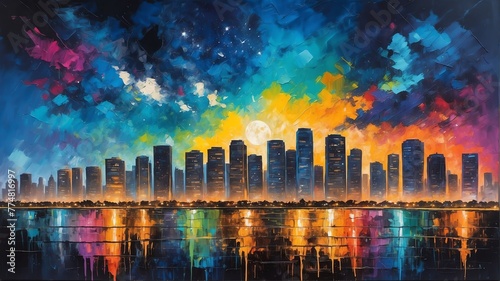 night sky in manila philippines theme oil pallet knife paint painting on canvas with large brush strokes modern art illustration abstract from Generative AI © SevenThreeSky