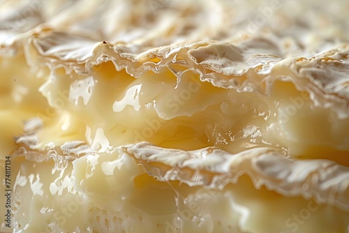 A detailed macro shot of the rind of a Brie cheese showcasing texture and depth