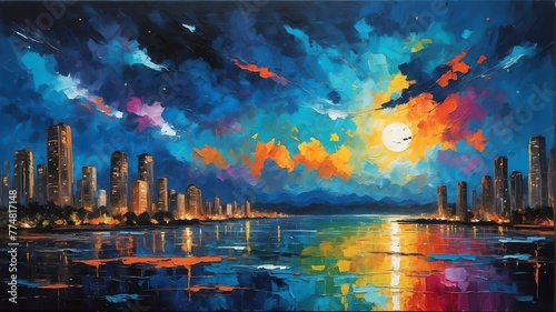 night sky in panama theme oil pallet knife paint painting on canvas with large brush strokes modern art illustration abstract from Generative AI