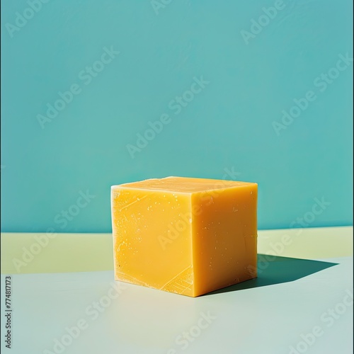 A minimalist composition featuring a single block of sharp cheddar against a stark background