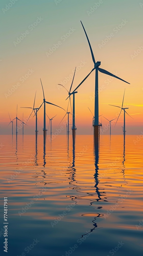 A vast offshore wind farm under the golden light of dusk, the turbines' reflections shimmering on the calm sea surface, highlighting the expansion of renewable energy to marine environments