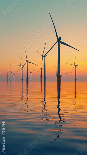 A vast offshore wind farm under the golden light of dusk, the turbines' reflections shimmering on the calm sea surface, highlighting the expansion of renewable energy to marine environments