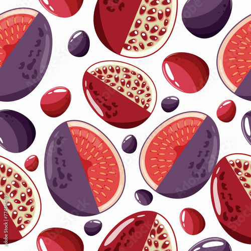Easter seamless pattern with decorated eggs with fig, garnet and red, purple eggs for holiday poster, textile or packaging	