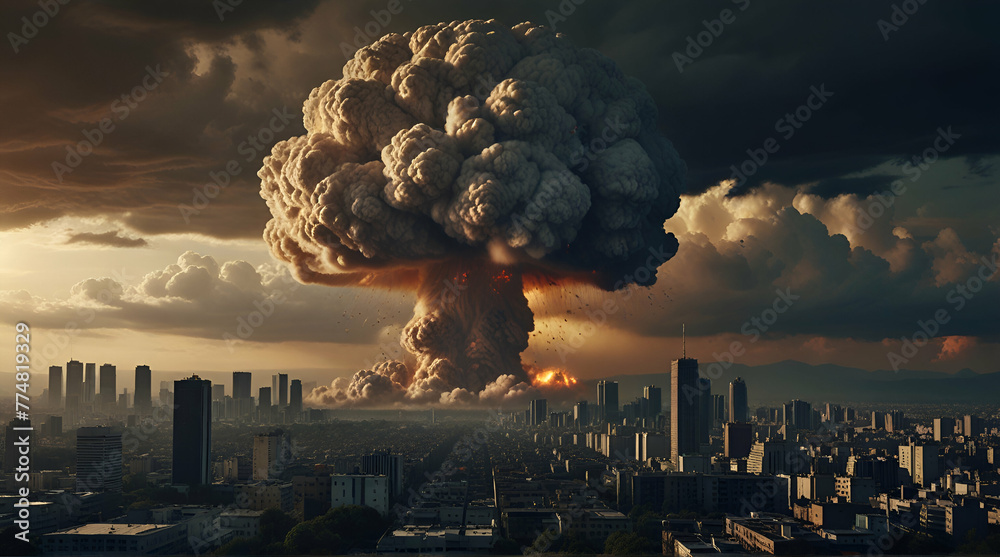 big nuclear explosion mushroom cloud effect over city skyline for apocalyptical aftermath of nuclear attach or the use of mass destruction weapons .generative.ai - obrazy, fototapety, plakaty 