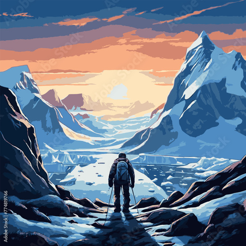 Detailed illustration seen close up from behind a backpack, of a mountain climber