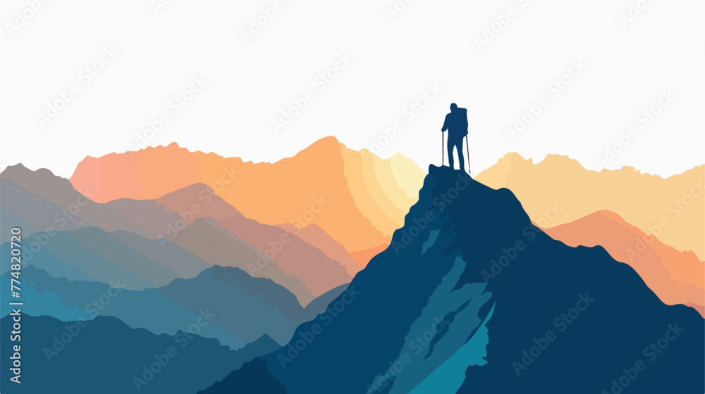 Person hiking on top of the mountain flat vector isolated