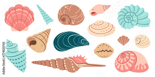 Sea shell cartoon set. Ocean exotic underwater seashell conch aquatic mollusk, sea spiral snail collection. Tropical beach shells. Modern flat style isolated on white background. Vector illustration 