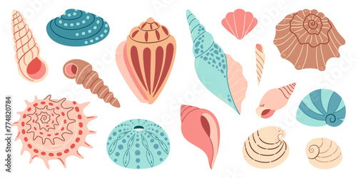 Sea shell cartoon set. Ocean exotic underwater seashell conch aquatic mollusk, sea spiral snail collection. Tropical beach shells. Modern flat style isolated on white background. Vector illustration 