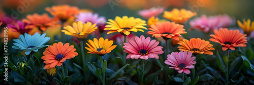 Colorful daisy flowers blossoming in bed home, Colorful flower images HD 8k wall paper Stock Photographic image 