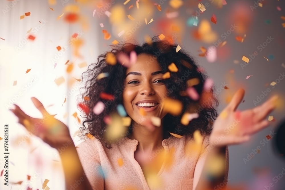 Joyful woman smiling with colorful confetti falling around her, expressing happiness and celebration. Happy Woman with Confetti Celebration Joyful woman smiling with colorful confetti falling around her, expressing happiness and celebration. Happy Woman with Confetti Celebration