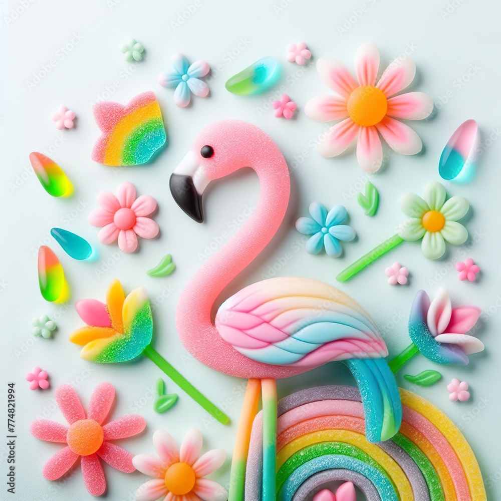 a flamingo and flowers made of pastel color rainbow gummy candy on a white background a flamingo and flowers made of pastel color rainbow gummy candy on a white background