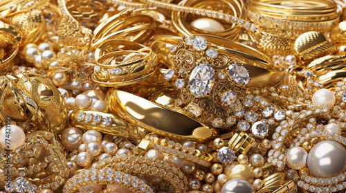 Luxury golden jewelry pile background, precious gold jewels hd, jewellery