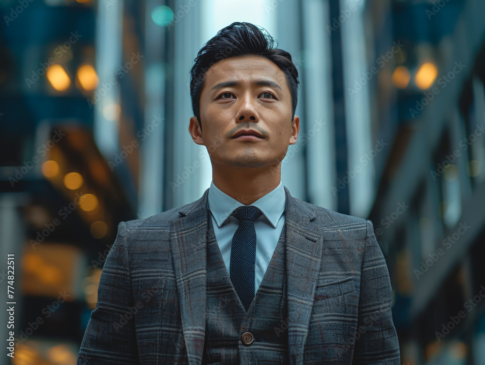 Fototapeta premium Asian businessman in an expensive suit against the background of buildings.