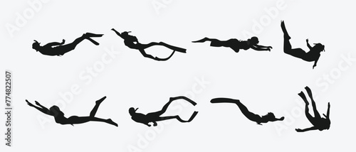 Vector set silhouette of Snorkeling, free diving. Swimming, extreme sport concept. Isolated background. Vector illustration.