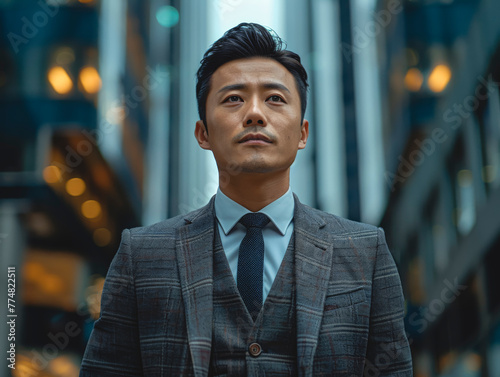 Asian businessman in an expensive suit against the background of buildings.