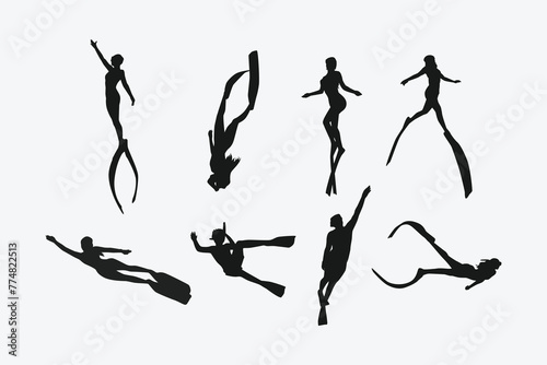 Vector set silhouette of Snorkeling, free diving. Swimming, extreme sport concept. Isolated background. Vector illustration.