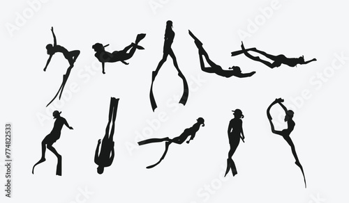 Vector set silhouette of Snorkeling, free diving. Swimming, extreme sport concept. Isolated background. Vector illustration.