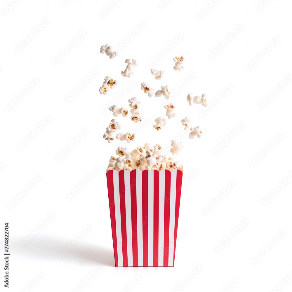 Popcorn flying out of red white striped paper box isolated on white background. Splash, levitation of popcorn grains.
