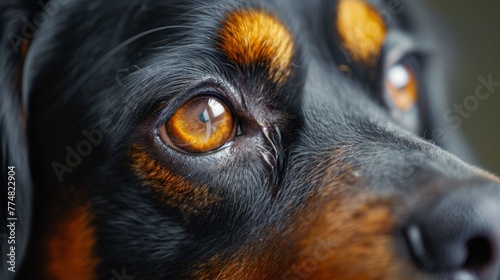 Zooming in on the intricate details of a dog's eye reveals a world of mesmerizing colors and textures, inviting you to explore its depths.
 photo
