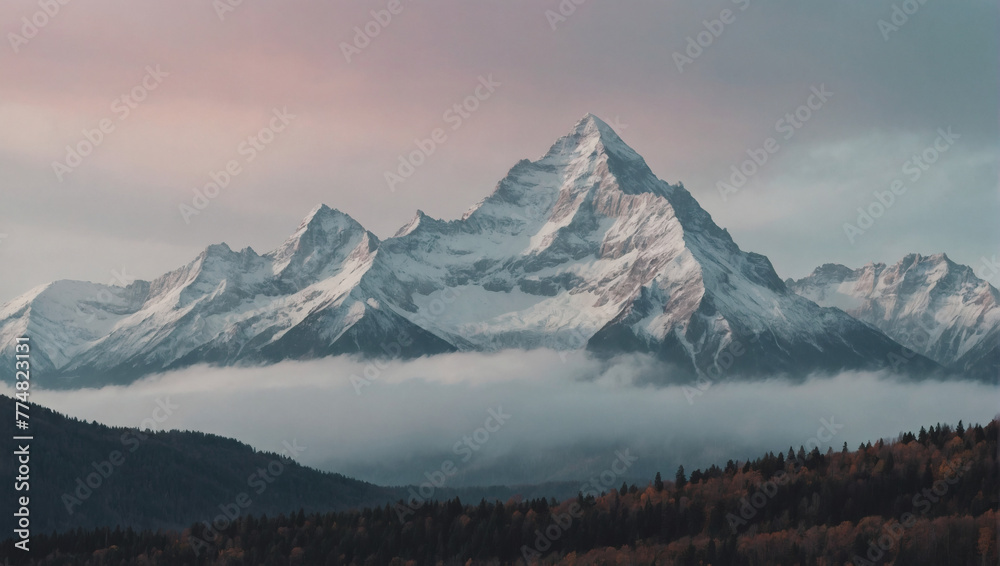 Mountain peaks in gentle, natural pastels. Minimalist wallpaper for social media. Cloudy skies above serene landscape. Calm and serene.