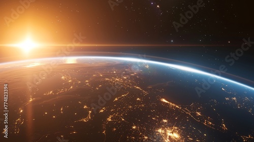 view of earth from low orbit with cities lighting. Generative Ai content