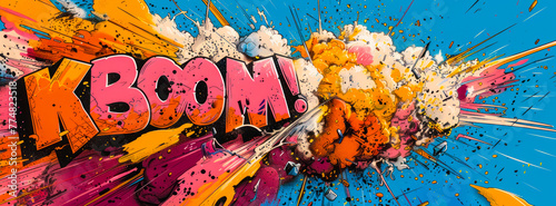 Colorful KABOOM! comic book explosion bubble with sound effect, dynamic lines, and burst elements, representing action, excitement, and graphic novel style