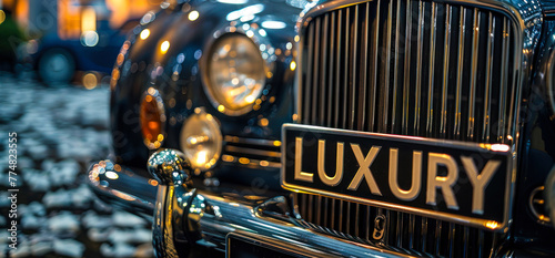 Close-up of a high-end car grille with LUXURY license plate, showcasing opulence, elegance, and the lavish lifestyle associated with premium automobiles photo