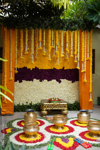 Wedding haldhi ceremony decoration with colour full moments. photo