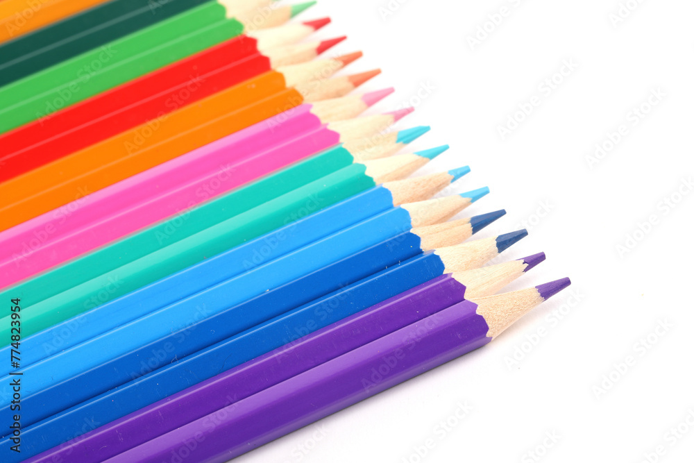 A close-up of colorful crayons isolated on a white background
A close-up of colorful crayons isolated on a white background