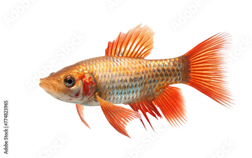 A vibrant red and blue fish swimming gracefully against a stark white background