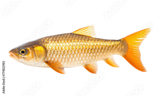 A mesmerizing goldfish elegantly swims in the water against a white backdrop