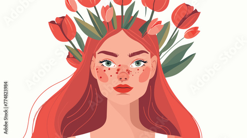 Portrait of a woman with tulip flowers crown flat vector