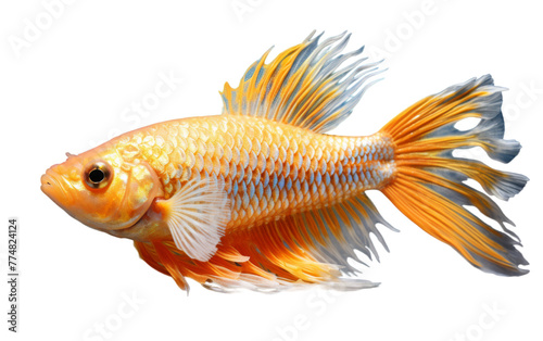 A majestic goldfish swimming gracefully against a pristine white backdrop