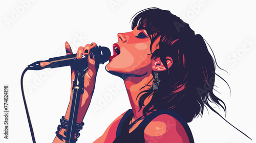 Portrait of female rock singer with microphone flat v