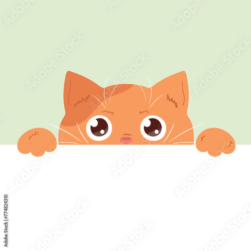Cute peeking ginger cat. Curious cat is looking out of the table.  Empty space for text. Vector illustration