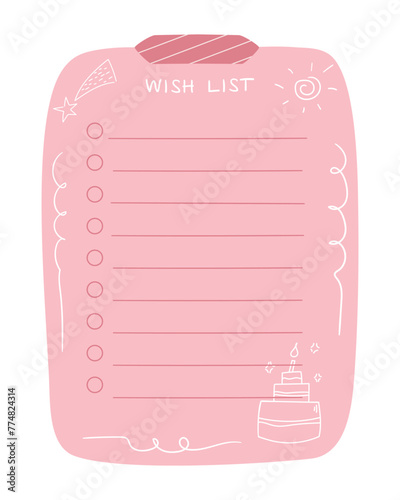 Hand drawn Wish list template for Birthday wishes. Paper note decorated with cake, sun and falling star. Doodle style. Vector illustration
