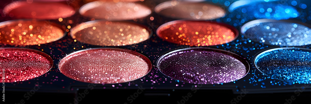 llustration of cosmetic palette with glitter glow,
Colorful eyeshadows in rows on black background
 - obrazy, fototapety, plakaty 