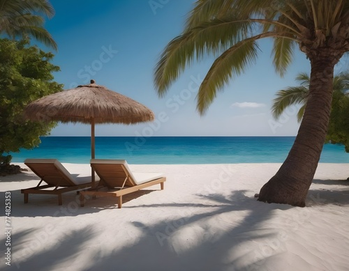 On the sand lounger under an umbrella   against the the azure blue sea  surrounded by palm trees