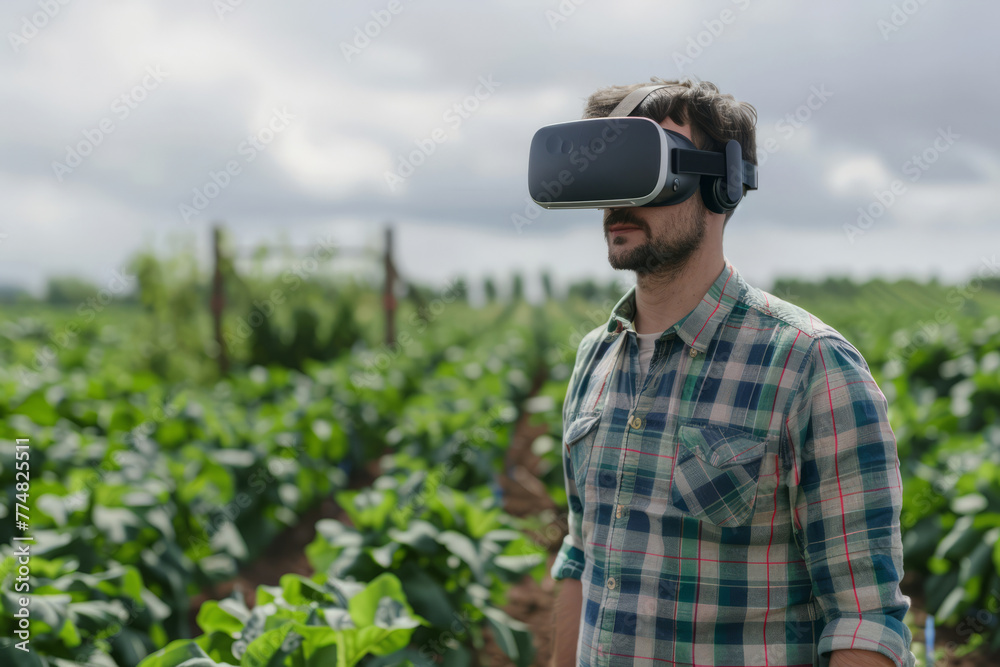 Fototapeta premium Farmer wearing VR headset for controlling process in cultivation. Modern and smart agriculture concept. Generative AI