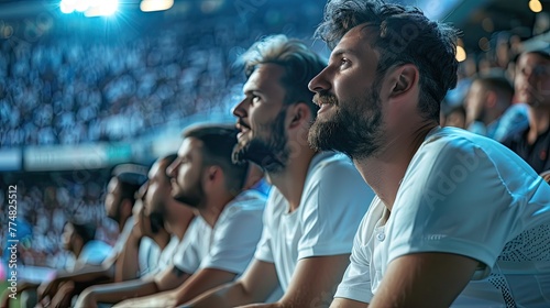 Excited fans in red shirts supporting their team at a vibrant stadium, fully engrossed in the competition. Generative AI