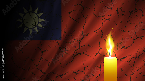 Vector banner. Wavy flag of Taiwan with cracks and a mournful burning candle. Earthquake or conflict. photo