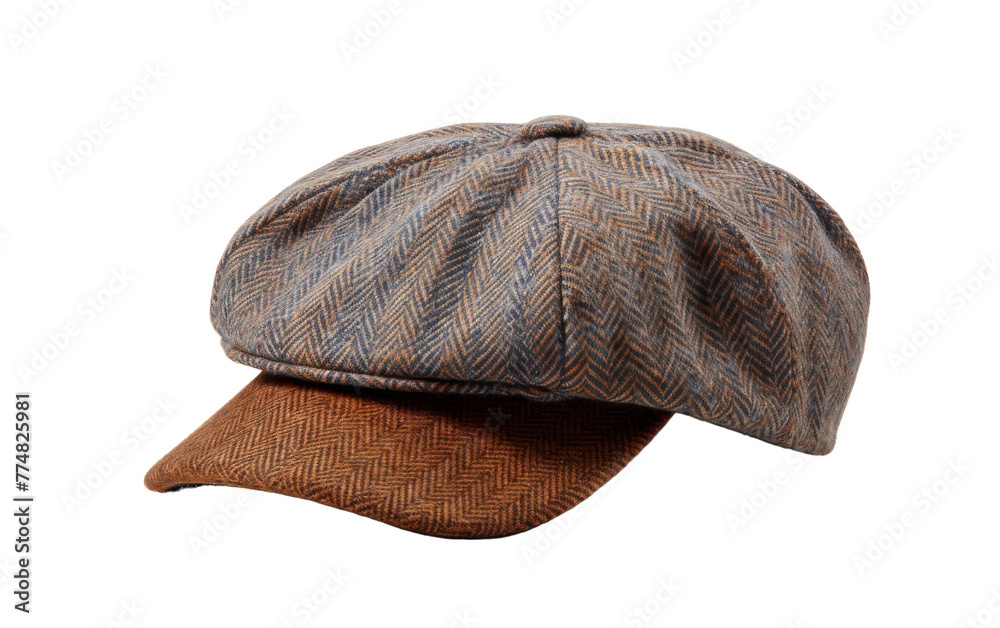 A brown and black hat with a brown peak resting on a surface, casting a shadow A brown and black hat with a brown peak resting on a surface, casting a shadow