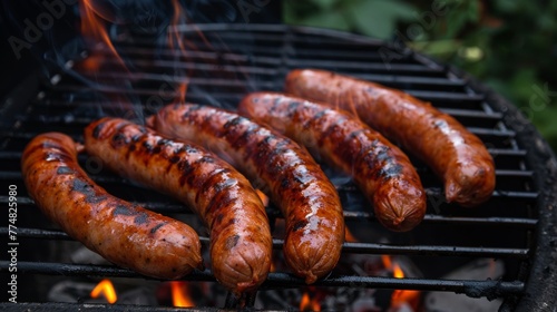 Grilled sausages on a barbecue grill in the garden.