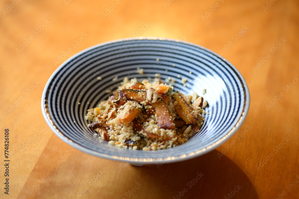 Japanese squash seasoned with okara soy pulp. 