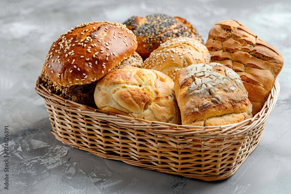 Freshly different baked bread in basket on grey background