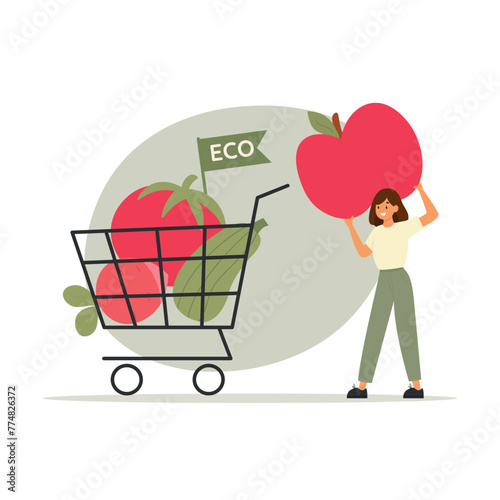 Eco shopping concept. Character buying fresh vegetables, full shopping cart or trolley
